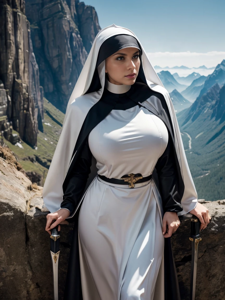 (masterpiece, top quality, best quality, official art, beautiful and aesthetic:1.2), (1girl:1.3), ((Sharp facial features, sharp features, hawkish features)), ((grey eyes)), busty paladin knight girl, extremely detailed, portrait, looking at viewer, solo, (full body:0.6), detailed background, full-body shot, (cold mountain nighttime glacier theme:1.1), holy knight, (nun), charlatan, smirk, mysterious, swaying in mountains, armor, polished metal, gold trim, long boots, white fabric, pelvic curtain, robe, pale leather, ((((nun, crossbow, heavy armor, armored, long legs, robes, prayer scrolls, toned, muscular)))), slim waist, slim hips, long legs, medieval (mountain exterior:1.1) background, dark mysterious lighting, shadows, magical atmosphere, dutch angle