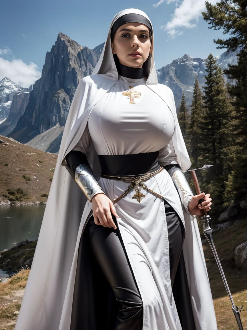 (masterpiece, top quality, best quality, official art, beautiful and aesthetic:1.2), (1girl:1.3), ((Sharp facial features, sharp features, hawkish features)), ((grey eyes)), busty paladin knight girl, extremely detailed, portrait, looking at viewer, solo, (full body:0.6), detailed background, full-body shot, (cold mountain nighttime glacier theme:1.1), holy knight, (nun), charlatan, smirk, mysterious, swaying in mountains, armor, polished metal, gold trim, long boots, white fabric, pelvic curtain, robe, pale leather, ((((nun, crossbow, heavy armor, armored, long legs, robes, prayer scrolls, toned, muscular)))), slim waist, slim hips, long legs, medieval (mountain exterior:1.1) background, dark mysterious lighting, shadows, magical atmosphere, dutch angle