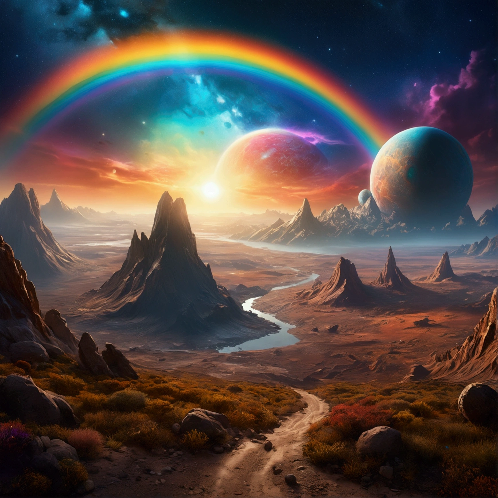 (Best Quality,4k,8k,high resolution,Masterpiece:1.2),ultra detailed,(realist,photorealist,photo-realist:1.37),alien planet,ghosts,exotic landscape,glowing rainbow,ringed planet,fascinating view,otherworldly beauty,mysterious atmosphere,invisible wonders,enchanted kingdom,spectacular celestial bodies, bright shades,dream landscape,colorful sky,dramatic lighting,ethereal shadows,Unexplored frontier,The secrets of the universe,cosmic magic,skies full of stars。