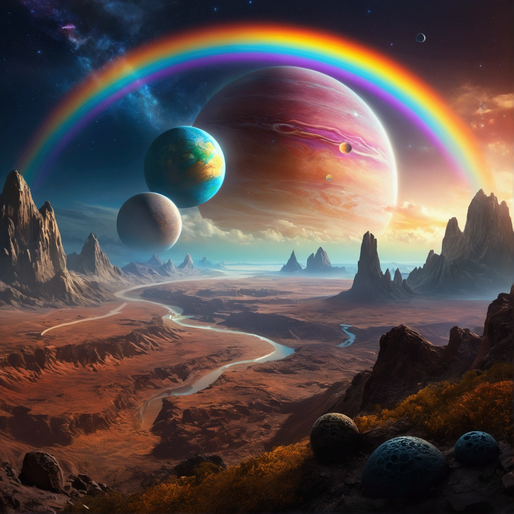 (Best Quality,4k,8k,high resolution,Masterpiece:1.2),ultra detailed,(realist,photorealist,photo-realist:1.37),alien planet,ghosts,exotic landscape,glowing rainbow,ringed planet,fascinating view,otherworldly beauty,mysterious atmosphere,invisible wonders,enchanted kingdom,spectacular celestial bodies, bright shades,dream landscape,colorful sky,dramatic lighting,ethereal shadows,Unexplored frontier,The secrets of the universe,cosmic magic,skies full of stars。