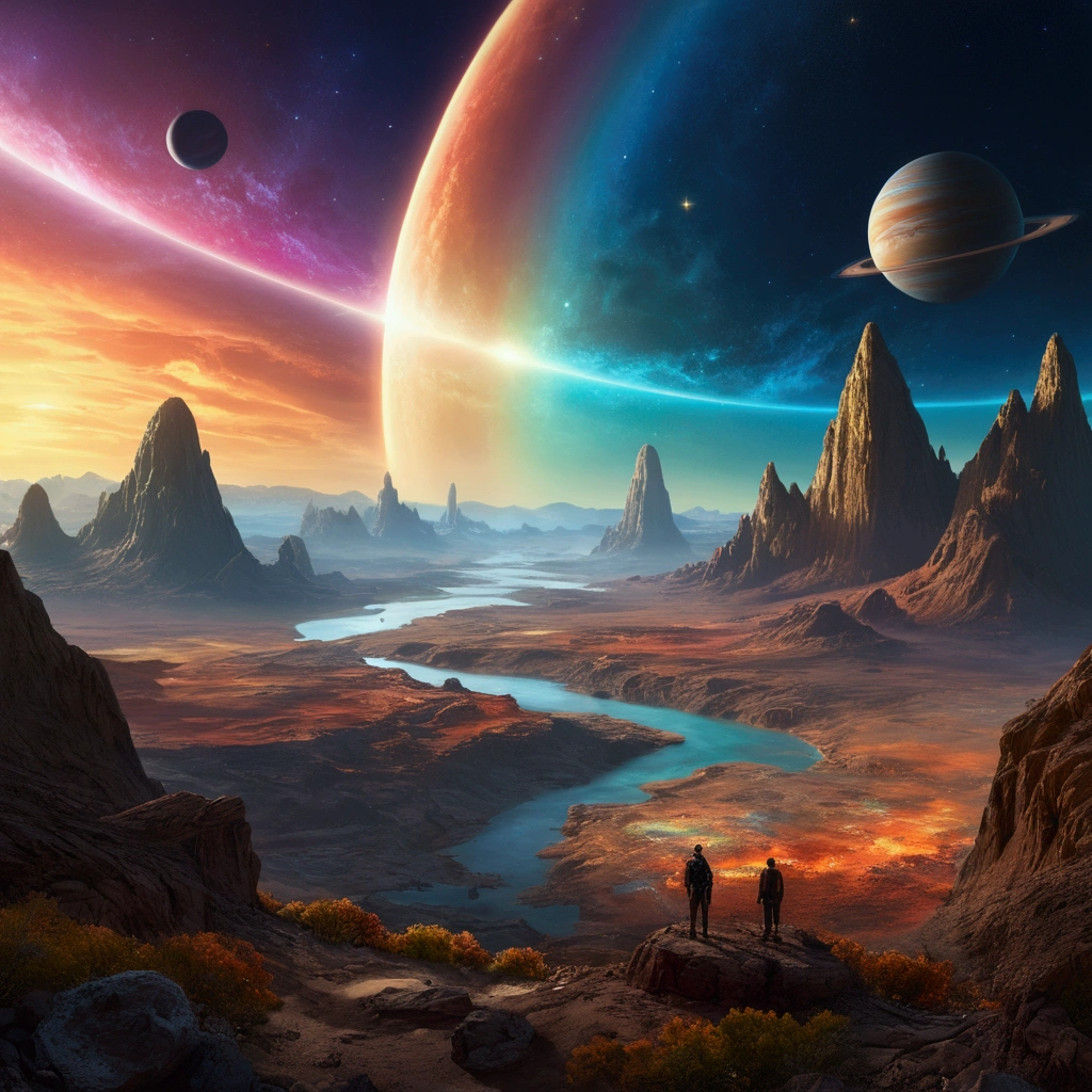 (Best Quality,4k,8k,high resolution,Masterpiece:1.2),ultra detailed,(realist,photorealist,photo-realist:1.37),alien planet,ghosts,exotic landscape,glowing rainbow,ringed planet,fascinating view,otherworldly beauty,mysterious atmosphere,invisible wonders,enchanted kingdom,spectacular celestial bodies, bright shades,dream landscape,colorful sky,dramatic lighting,ethereal shadows,Unexplored frontier,The secrets of the universe,cosmic magic,skies full of stars。