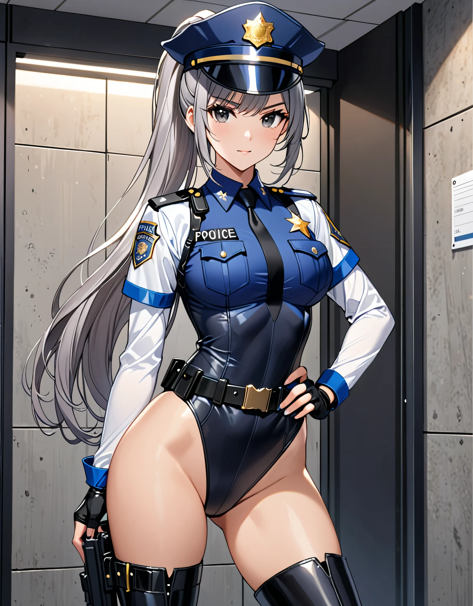 (masterpiece), (best quality), (high res),1girl, tall body, ((long hair, grey hair, ponytail hair)), (black eyes), beautiful detailed eyes, beautiful detailed face, cute face, perfect hands, complete fingers, perfect anatomy, perfect proportions, ((hat, jet black police hat)), ((leotard, matching leotard, bare legs)), ((boots, matching boots)), breasts, medium breasts, fingerless gloves, (full body portrait), looking at viewer, (solo, solo focus), standing, police uniform, shoulder pads, cowboy shot, office backdrop, indoors, (belt, tight belt), (armbands, white sleeves), one hand on hip, serious, full body costume design.