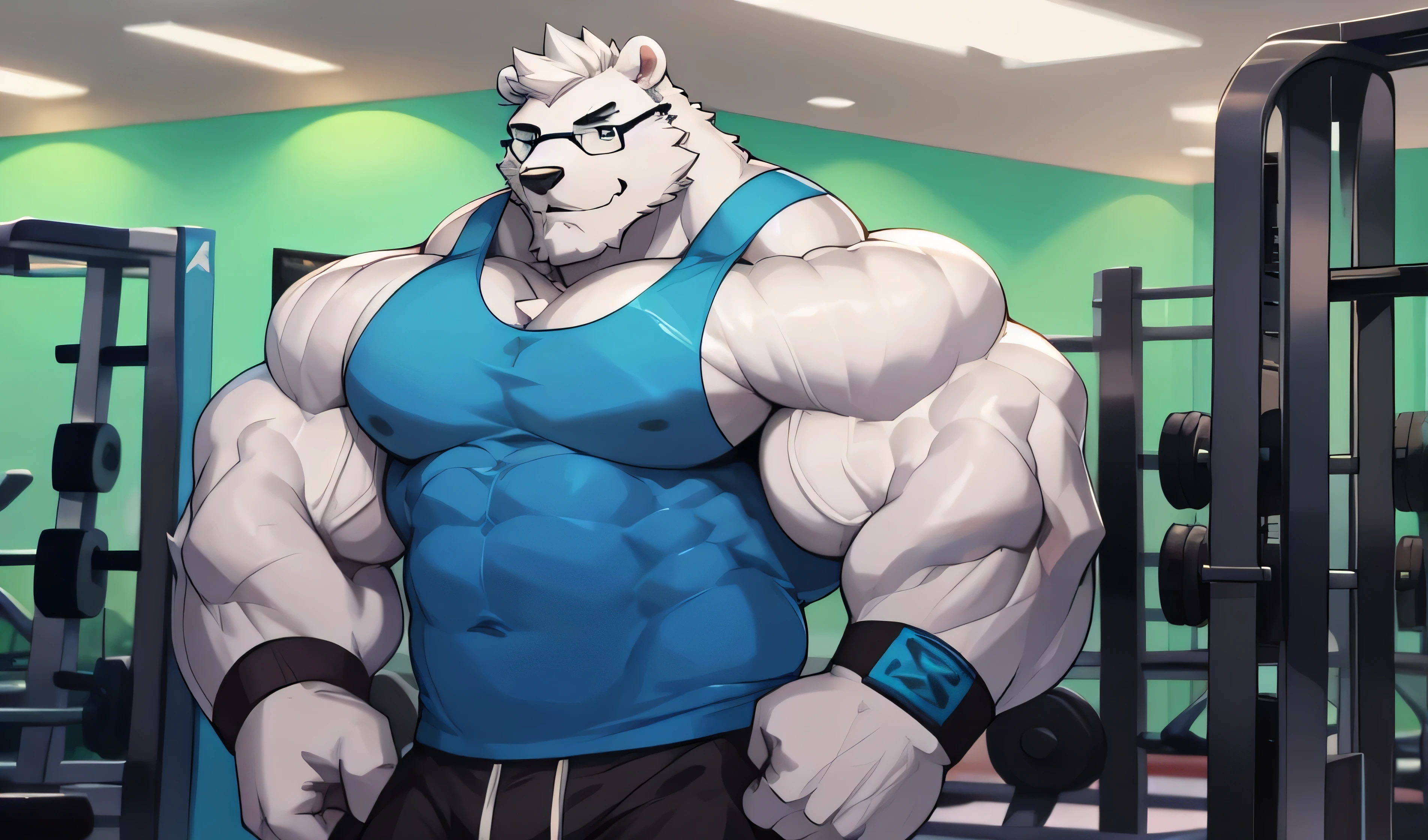 solo, 1boy, Huge Muscular White Polar Bear wearing glasses, huge white fur, pectoral, huge pectoral, wide pectoral, short white hair, blue colored short pants, blue colored wristbands and blue colored tank top, white bearded, white Mustache, white fur, black eyebrows, gym fitness center background, masterpiece, high detailed, 9k, high resolution, at the gym, flexes huge thorax, looking at the viewer, acting all hunk