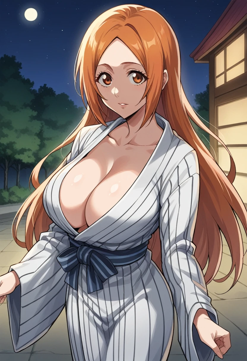 score_8_up, score_7_up, source_anime BREAK, clear face, Inoue Orihime, orange hair, orange eyes, long hair, large breasts, looking at viewer, standing, dynamic angle, yukata, cleavage, outdoor, night