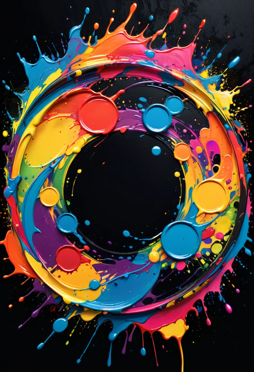 vector art of a colorful circle illustration with paint splashes, swirly vibrant colors, high détail, black backdrop, (work of art, best qualityer, proffesional, perfect composition, very aesthetic, absurdrez, super verbose, details Intricate:1.3)