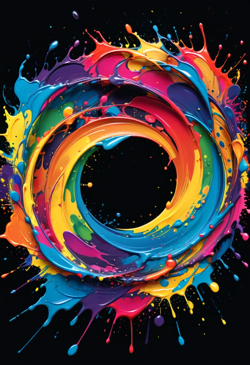 vector art of a colorful circle illustration with paint splashes, swirly vibrant colors, high détail, black backdrop, (work of art, best qualityer, proffesional, perfect composition, very aesthetic, absurdrez, super verbose, details Intricate:1.3)