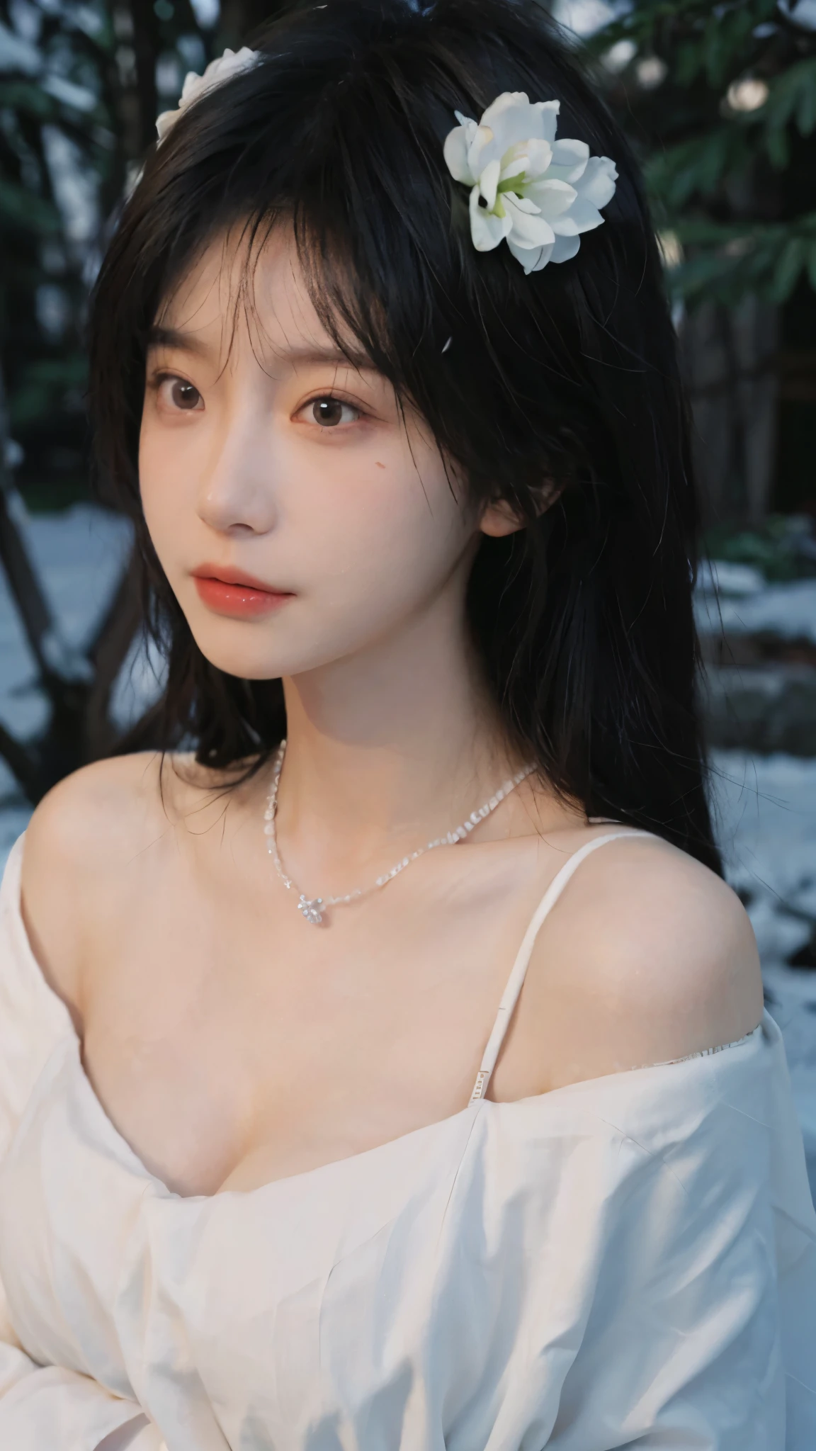Portrait photography,1 girl,Snow Scene,Snowing background,Flowers,White JK,Bare shoulders,Lipstick,(Big Breasts:1.6),Shoulder-Length Wavy Hair,Wear a necklace,Headband,serene,calm,(Realistic and detailed eyes,Natural skin texture,Realistic facial details),
