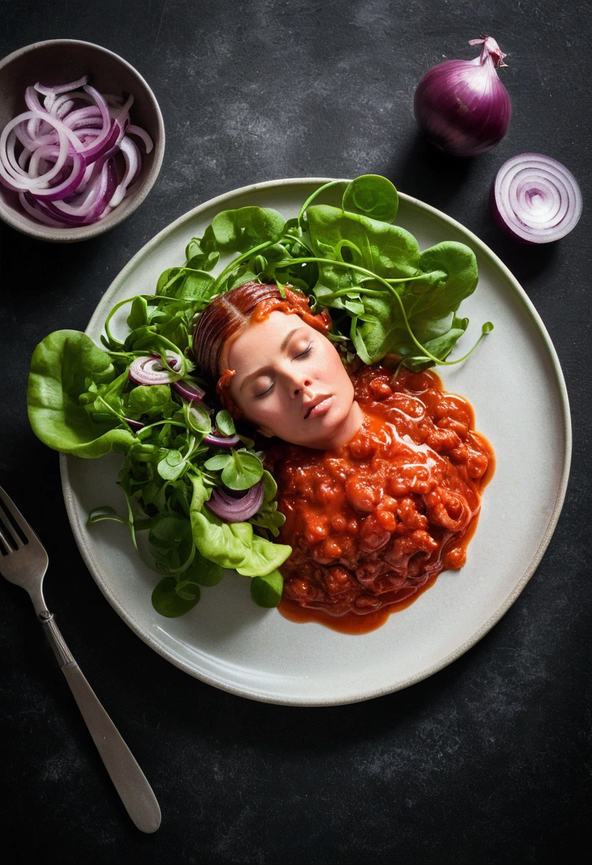 a melting, melting woman on a plate in tomato sauce and a lettuce salad with watercress and red sliced onions