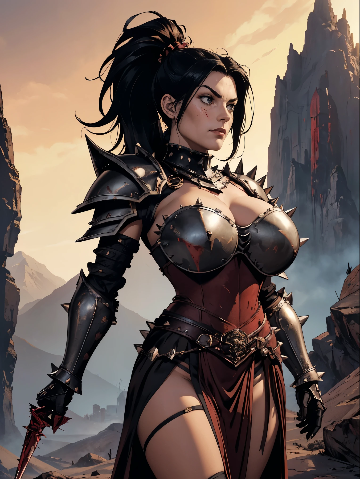 (masterpiece, top quality, best quality, official art, beautiful and aesthetic:1.2), (1girl:1.3), ((Sharp facial features, sharp features, hawkish features)), ((big hair, long black hair, ponytail)), big tiddy chaos warrior girl, extremely detailed, portrait, looking at viewer, solo, (full body:0.6), detailed background, full-body shot, (hot desert mountain theme:1.1), chaos warrior, (spiky helmet), charlatan, smirk, mysterious, swaying in mountains, armor, red metal, brass trim, long boots, dual axes, blood red fabric, pelvic curtain, loincloth, black leather, ((((spiky armor, heavy armor, blood, armored, gigantic breasts, long legs, pelvic curtain, toned, muscular)))), cute belly button, toned tummy, slim waist, slim hips, long legs, medieval (mountain exterior:1.1) background, dark mysterious lighting, shadows, magical atmosphere, dutch angle