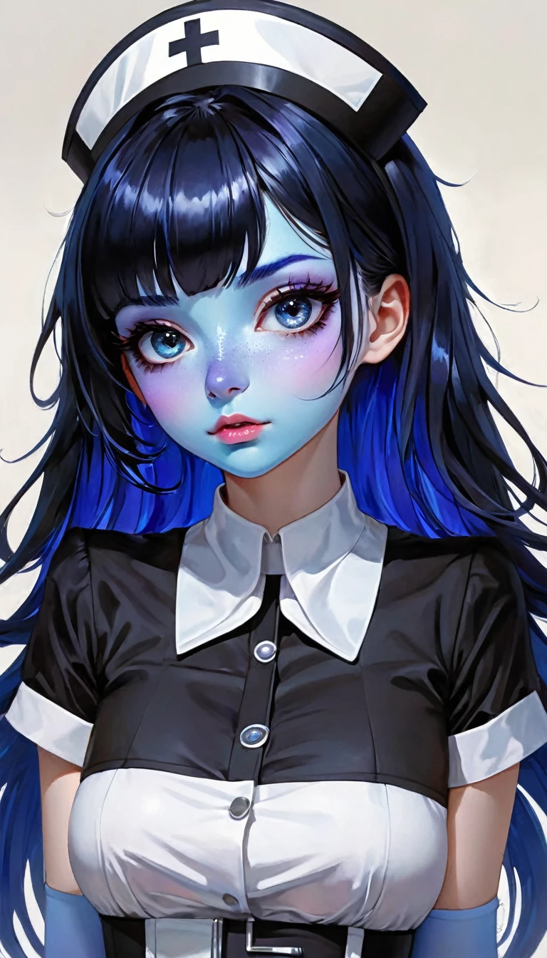 ((high end)),(UHD picture),(vivid),((life like)),(crystal clear), (),((high end fingertip)),((beautifully high end face)),((beautifully high end eyes)),((beautifully high end body line)),(beautiful high end hair),((kawaii)),{perfect face},{perfect anatomy},intricate,((unfocused eyes)),purple lips,((1 bule demom girl)),(((blue skin:1.5))),( black hair),(golden eyes), (black sheep horn),fang, (((half open black nurse uniform))),black nurse cap,((cowboy shot)), (art inspired by Bill Sienkiewicz). oil painting)

