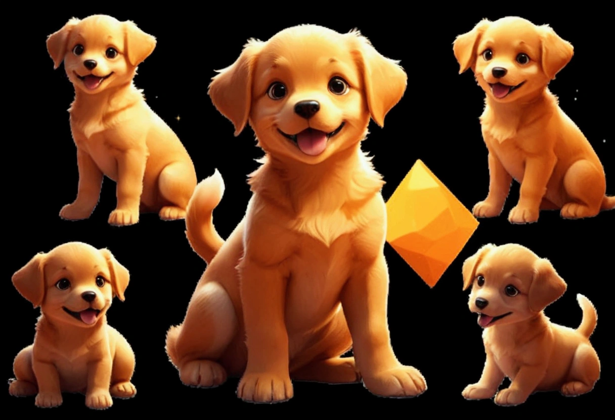 a close-up of a dog sitting on a black background, isometric 3d fantasy Cute dog, dog skin scales, Puppy, puppies, render naughty dog, red pupils, a hyper realistic, golden retriever, fluffy orange skin, 3 d render official art, telegram sticker, game icon feature, Cute dog, Lovely Digital Painting, very stylized, details Intricate, sitting on the floor, looking at side, expression of happiness, smiling, from sideways, Profile