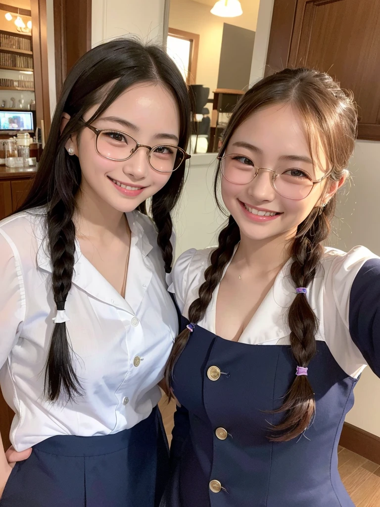 Highest quality、masterpiece、、Very detailed、Realistic、(Two Girls)、(Looking at me with a smile:1.5)、whole body、Small face、(Slender:1.2)、(Big Breasts)、Glasses、(Waitress Uniform)、Braid、Erect nipples、(Anna Miller's uniform:1.2)