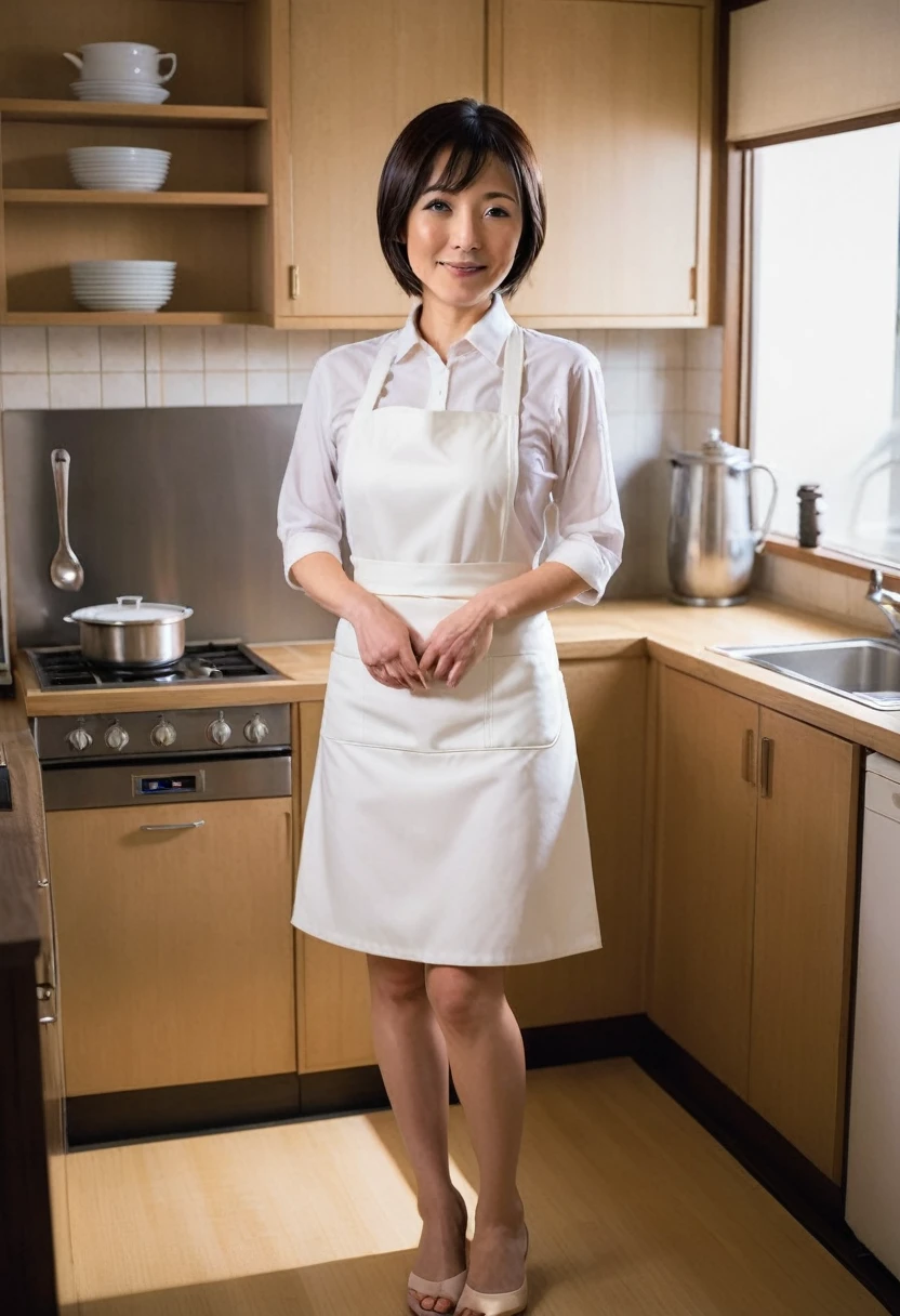 Japanese woman in her 40s、Sexy appearance、naked apron、kitchen、Bobcut
