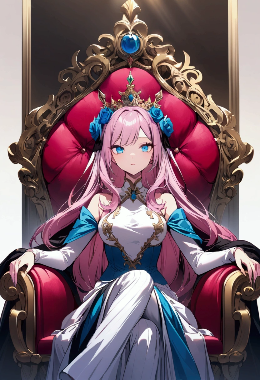 The empress sits on the throne、With his aide by his side、Pink Hair、blue eyes