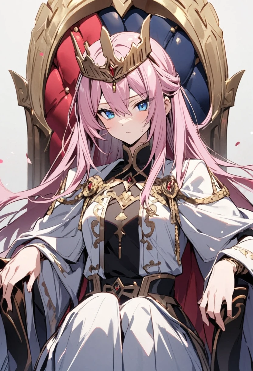 The empress sits on the throne、With his aide by his side、Pink Hair、blue eyes