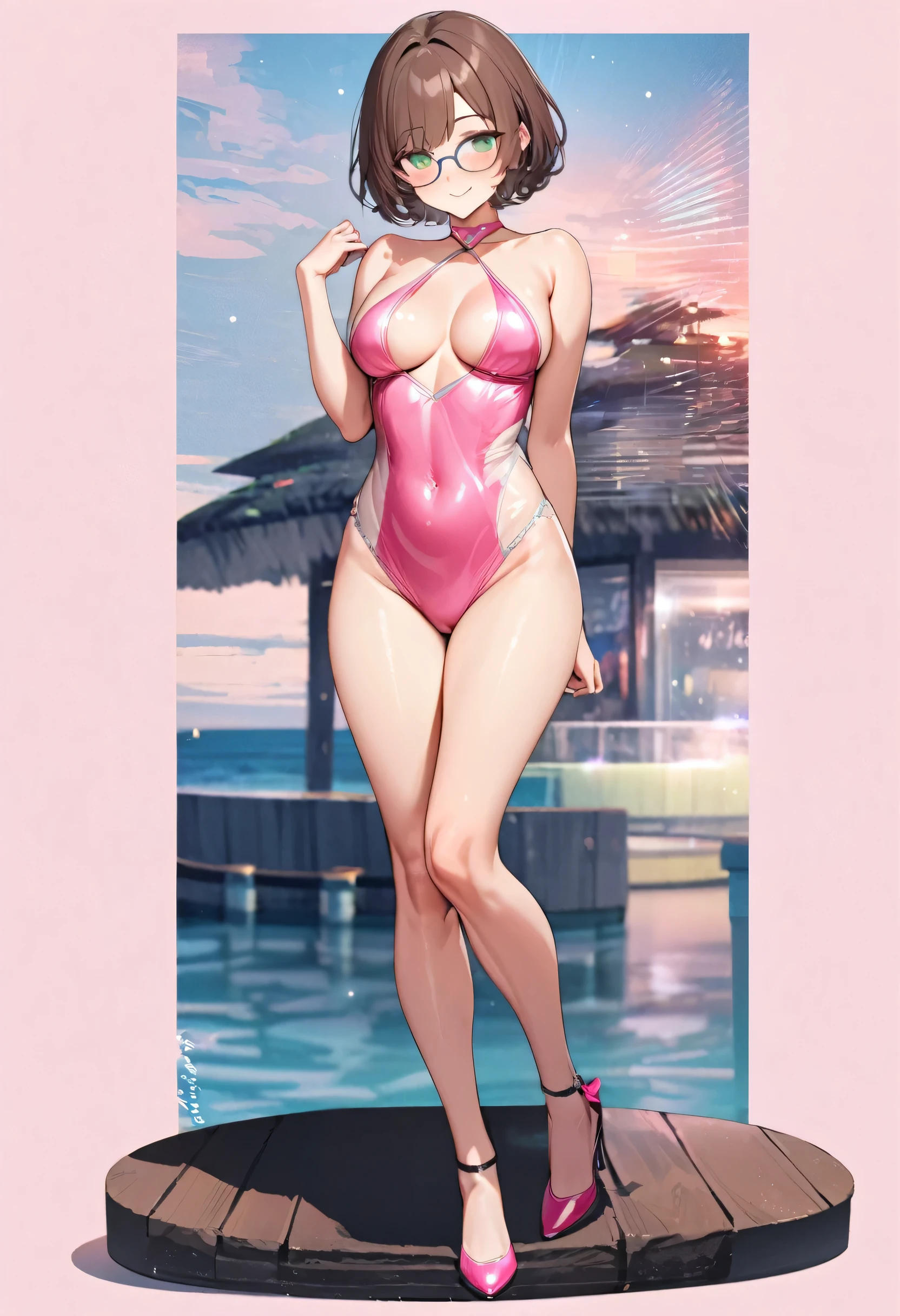 (full body Swimwear style) (beautiful body), (solo:2, 32 yo, bob brown hair short hair cute woman, beautiful green eyes, glasses, happy smile, love mode, medium:1.3 tits), (in a sexy:1.3 pink Enamel halter neck dress swimsuit, Ruby double exposure:1.1), break, in the Swimsuit contest venue, background detailed beautiful Coast, BREAK, perfect anatomy, masterpiece, best quality, 16k, beautiful detailed love, sexy, daydreaming expression.