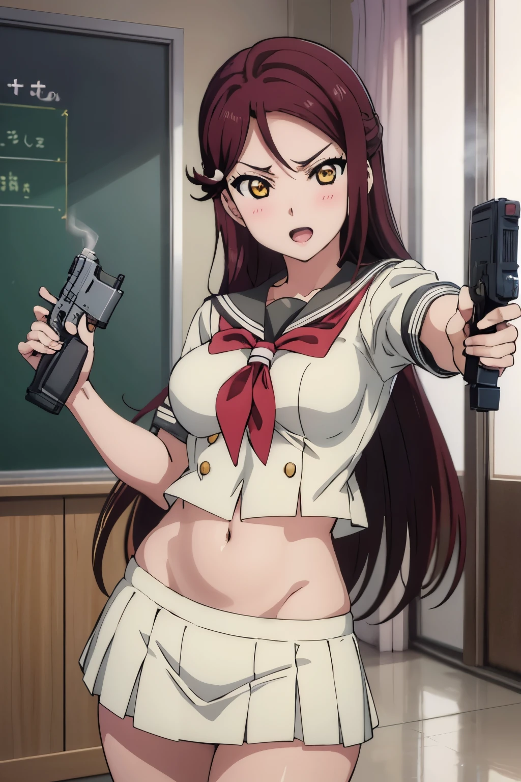 1girl, riko sakurauchi, blush, lipstick, large breast, Hot girl, baddie, staring, glaring, bad attitude, mean girl, dare, angry, hate, crazy, smoking, sensual, attractive, masterpiece, best quality, highly detailed, a anime girls in sailor uniforms with a gun posing for a picture,
evil smile, smile, open mouth,black_serafuku, ecchi anime style, anime girls , (nsfw) not safe for work,
ecchi style, ecchi, shipgirls, digital anime art!!, high school girls, holding a gun, hold a gun, anime style 4
k, micro skirt, exposed belly, exposed navel, exposed midriff,
exposed lower belly,school, classroom, 