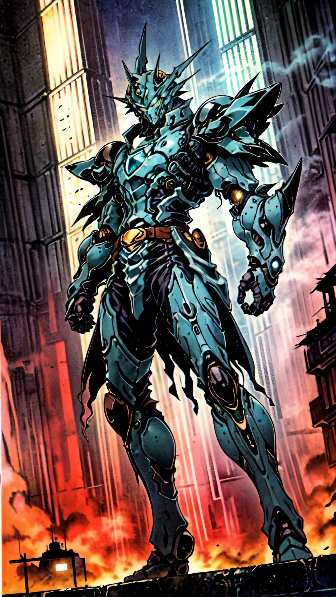 (masterpiece:1.5, best quality:1.5, extremely delicate:1.5, foreshortening:1.5, dynamic angle:1.5), a man wearing a full-face helmet, a fantasy-style biotech armored combat suit, green eyes, (a composite layered chest armor), fully enclosed shoulder guards, matching arm and leg guards, the belt is adorned with neon circuitry, (the color scheme is primarily white with blue red accents), the design balances heavy with agility, a high-tech bio-mecha armor, (Armor Concept Inspired by neon Cyberpunk, stand on the top of a skyscraper in a futuristic sci-fi city), this character embodies a finely crafted fantasy-surreal style armored hero in anime style, exquisite and mature manga art style, (element, plasma, energy, the armor glows), ((male:1.5)), metallic, high definition, highres, ultra-detailed, ultra-fine painting, professional, perfect body proportions, golden ratio, anatomically correct, symmetrical face, extremely detailed eyes and face, high quality eyes, creativity, RAW photo, UHD, 32k, Natural light, cinematic lighting, masterpiece-anatomy-perfect