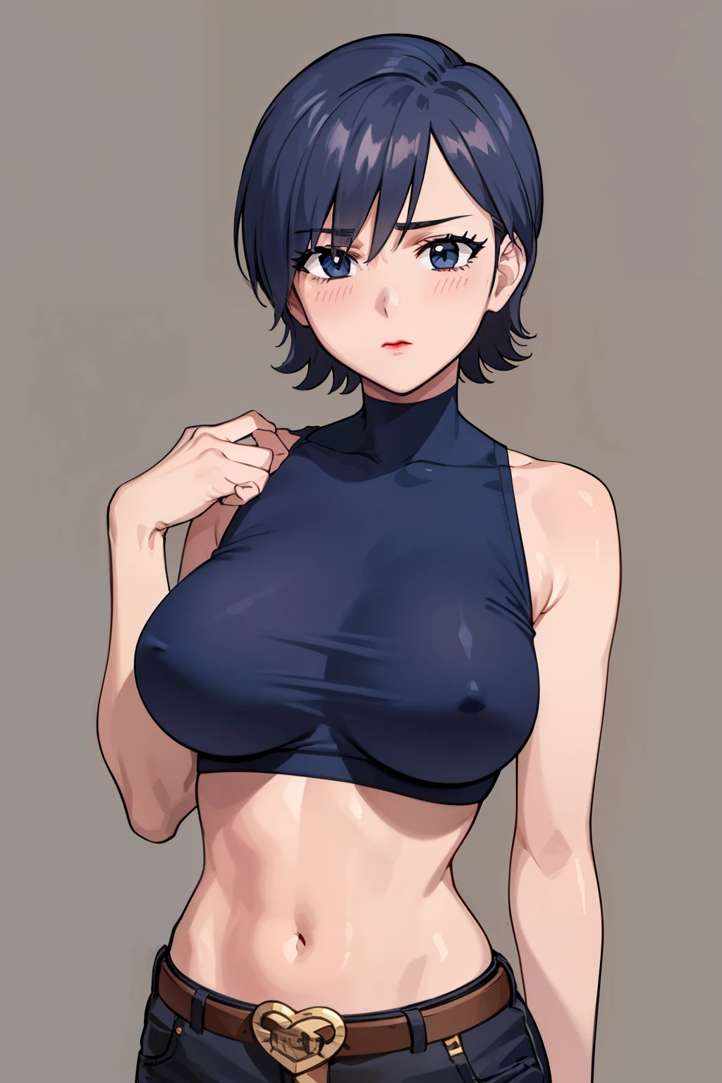 (beautiful detailed eyes, beautiful detailed face, perfect detailed body), mikictr, 1girl, solo, black eyes, short hair, closed mouth, lipstick, blush, large breasts, crop top, no bra, midriff, navel, upper body:1.5, standing, belt, blue short shorts, simple background