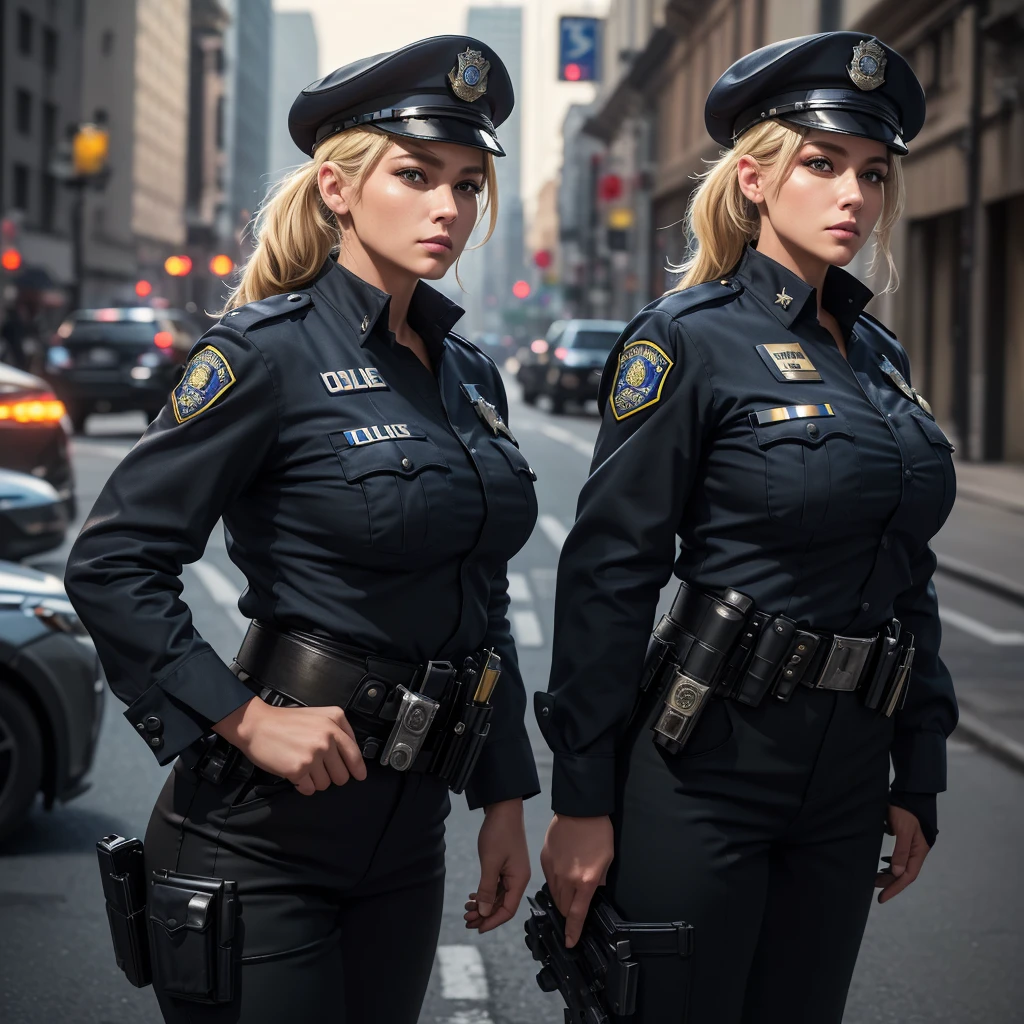 a realistic police woman, police uniform, black pants, police blue uniform with police emblems, military police beret, tactical combat boots, police belt, holding a pistol, blonde hair in military bun, serious expression looking at camera, on a street, (voluptuous bust 1.6), perfect body, (voluptuous hips 2.6), (best quality,4k,8k,highres,masterpiece:1.2),ultra-detailed,(realistic,photorealistic,photo-realistic:1.37),HDR,UHD,studio lighting,ultra-fine painting,sharp focus,physically-based rendering,extreme detail description,professional,vivid colors,bokeh,photography