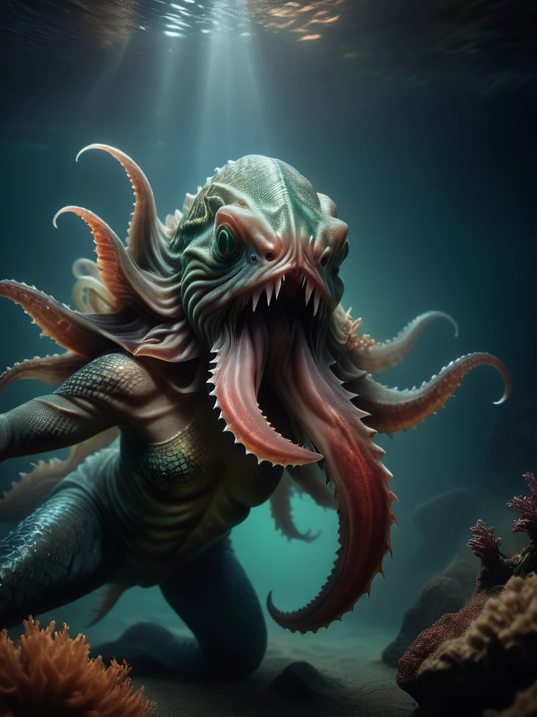 cinematic realism film scene still of a realistic, cinematic film still of underwater, attacking fullbody merfolk ominous monster( kraken:1.2) flyweight, hdr, wide angle, night , vignette, highly detailed, key visual, hdr, beefy, simple background, by, form, cold orange green red theme, . assiduous, style of, expression, Mise-en-scene, Chiaroscuro, Strong Light and Shadow, Dramatic Contrast, a hilarious scene, unforeseen consequences, photography . 35mm f1.8 Macro, chiaroscuro, shallow depth of field, vignette, Mise-en-scene, detailed, cinemascope, moody, epic scene, best rendered work, 35mm, pristine movie