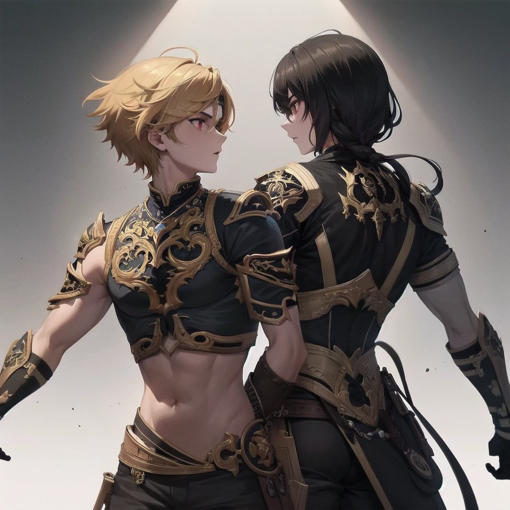 2Boy, Masterpiece, smooth, two skilled warriors fighting with swords, void-like white background, one had black hair and holding a white sword, engraved patterns, glowing elements, curved ornate sword, other had a blonde hair and red eyes, Rudra, determined expression, the other warrior's back facing the viewer, sleek futuristic combat attire, high-tech elements, dual-edged energy sword, agile movements, tactical evasion, soft ambient lighting, intense and dynamic duel.