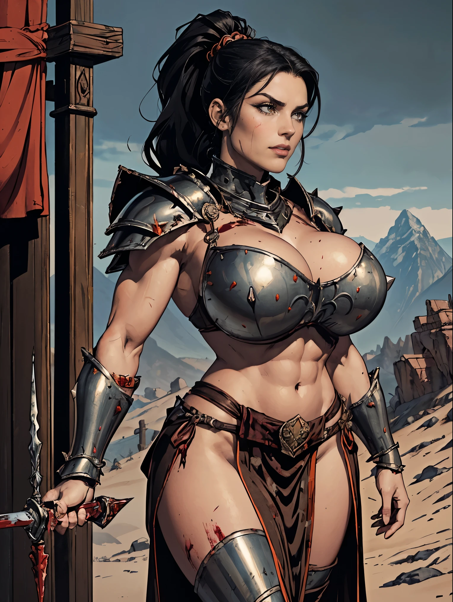 (masterpiece, top quality, best quality, official art, beautiful and aesthetic:1.2), (1girl:1.3), ((Sharp facial features, sharp features, hawkish features)), ((pale skin, orange eyes, big hair, long black hair, ponytail)), big tiddy chaos warrior girl, extremely detailed, portrait, looking at viewer, solo, (full body:0.6), detailed background, full-body shot, (hot desert mountain theme:1.1), chaos warrior, (spiky helmet), charlatan, smirk, mysterious, swaying in mountains, armor, red metal, brass trim, long boots, blood red fabric, pelvic curtain, loincloth, black leather, ((((spear, heavy armor, blood, blood splatter, armored, gigantic breasts, long legs, pelvic curtain, toned, muscular)))), cute belly button, toned tummy, slim waist, slim hips, long legs, medieval (mountain exterior:1.1) background, dark mysterious lighting, shadows, magical atmosphere, dutch angle