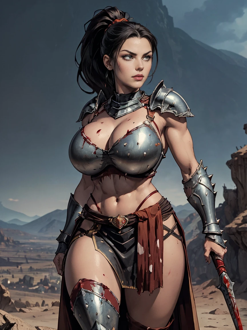 (masterpiece, top quality, best quality, official art, beautiful and aesthetic:1.2), (1girl:1.3), ((Sharp facial features, sharp features, hawkish features)), ((pale skin, orange eyes, big hair, long black hair, ponytail)), big tiddy chaos warrior girl, extremely detailed, portrait, looking at viewer, solo, (full body:0.6), detailed background, full-body shot, (hot desert mountain theme:1.1), chaos warrior, (spiky helmet), charlatan, smirk, mysterious, swaying in mountains, armor, red metal, brass trim, long boots, blood red fabric, pelvic curtain, loincloth, black leather, ((((spear, heavy armor, blood, blood splatter, armored, gigantic breasts, long legs, pelvic curtain, toned, muscular)))), cute belly button, toned tummy, slim waist, slim hips, long legs, medieval (mountain exterior:1.1) background, dark mysterious lighting, shadows, magical atmosphere, dutch angle