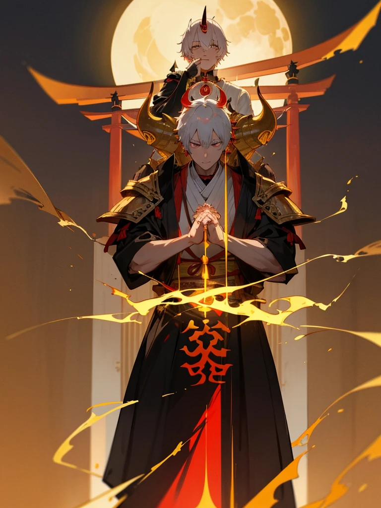 Demon, evil eye, horn, white short hair, black armor, torii gate, man, full moon, hands together in prayer, golden lion, zazen