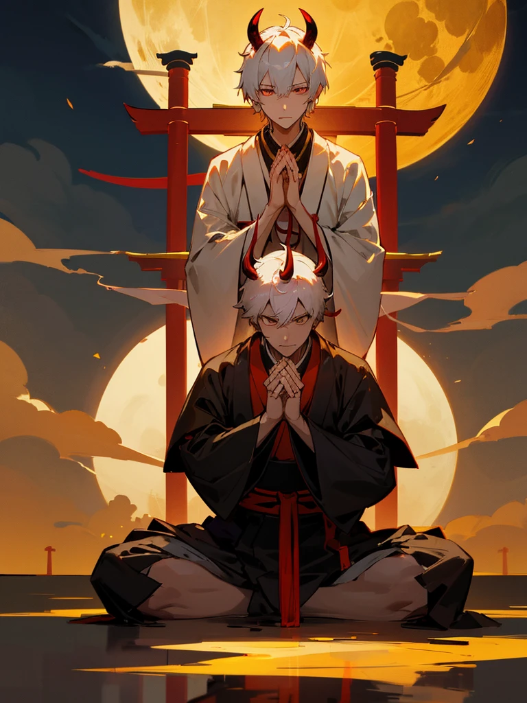 Demon, evil eye, horn, white short hair, black armor, torii gate, man, full moon, hands together in prayer, golden lion, zazen