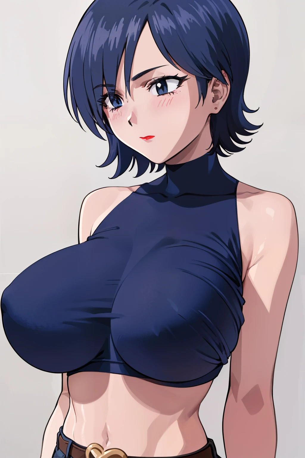 (beautiful detailed eyes, beautiful detailed face, perfect detailed body), mikictr, 1girl, solo, black eyes, short hair, closed mouth, lipstick, blush, huge breasts, crop top, no bra, midriff, navel, upper body:1.5, standing, belt, blue short shorts, simple background