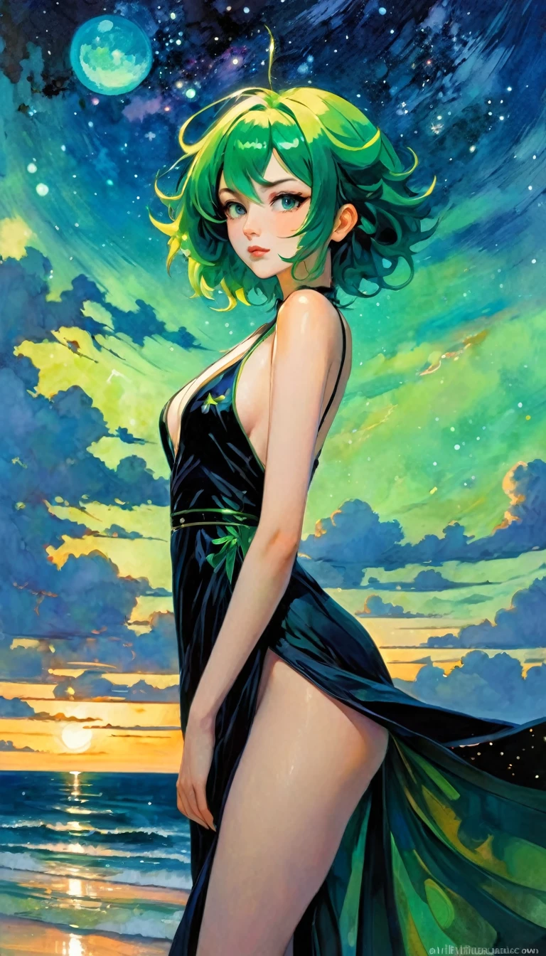 1girl, kuki shinobu, genshin impact, green hair, black evening gown, shoulders, sleeveless, clavicle, plunging neck line, sensual, pose, thighs,night, starlit sky, beautiful detailed sky, (masterpiece:1.2), (best quality:1.2), (very aesthetic:1.2), (absurdres:1.2), (detailed background),(art inspired by Bill Sienkiewicz). oil painting)