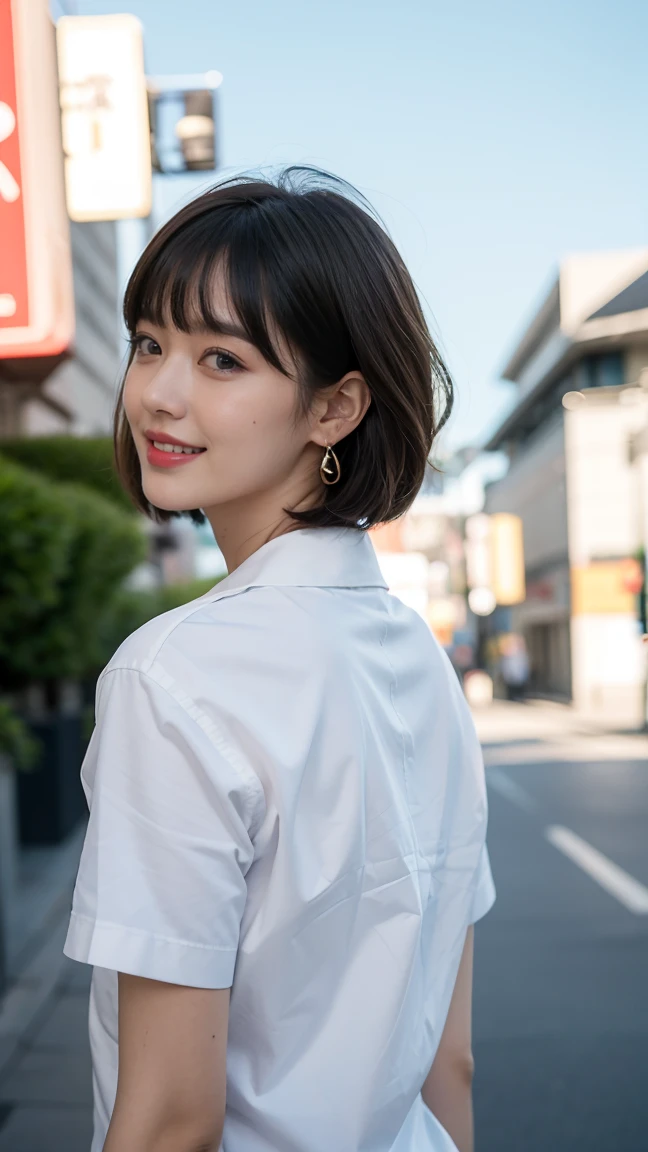 (8K、Raw photo、Highest quality、Masseter muscle area:1.2)、Ultra-detailed、Ultra-high resolution、(Realistic、Realistic photos:1.37)、Portrait、High-resolution RAW color photos、Professional photography、hVery detailed and beautiful、Very detailed、8K 壁紙、Incredibly detailed、Large file size、HVery detailed CG Unity 8K wallpapers、hVery detailed beautiful girl、Very detailed顔、Very detailed目、Very detailed皮膚、Very detailed指、hVery detailed nose、Very detailed詳細な口、Perfect Anatomy、hVery detailed back ground、HVery detailed clothing、1 girl、(18:1.2)、Teen、cute、Famous Japanese Idols、cute、Realistic body、Petite、White skin、Glowing Skin、The body is slim、Handsome bBrown haired、Short Curly Hair、(Blunt bangs:1.2)、Laughter、cute、Zola々right、cute faces、A vivid face、Delicate eyes、Source Order、White shirt、Skolgirl uniform、Earrings、Looking into the camera、Positive、Are standing、Contrapo, Main Street, Dynamic Lighting,