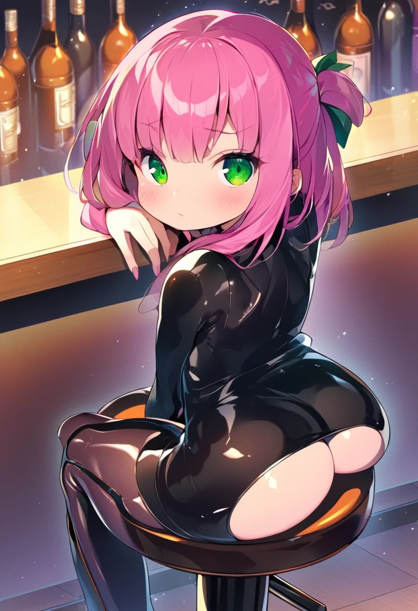 1girl,pink hair, green eyes, cute , flat chest, wide hips, tight black latex minidress,
sitting,bar stool, arm on the bar, looking back over her shoulder