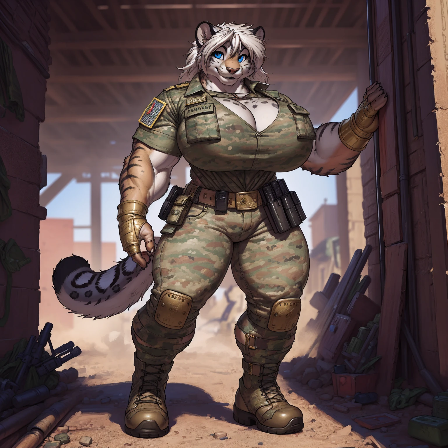 solo, 1girl, snow leopard, white hair, blue eyes, female, buff, muscular, huge breasts, gold eyes, highly detailed eyes, Amazon, wearing camouflage_uniform, (urban uniform:1.2), military camp, rolled sleeves, shirt, trousers, cleavage, standing upright, combat boots, full body, smiling, friendly, looking at viewer, realistic lighting, by darkgem, by meesh, by gideon,
