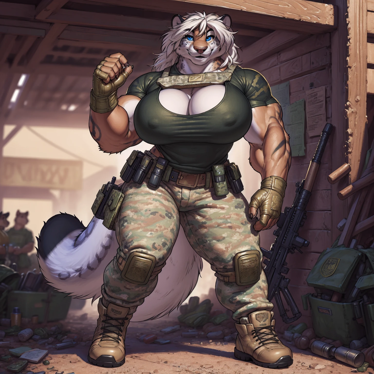 solo, 1girl, snow leopard, white hair, blue eyes, female, buff, muscular, huge , gold eyes, highly detailed eyes, Amazon, wearing camouflage_uniform, (urban uniform:1.2), military camp, rolled sleeves, shirt, trousers, cleavaging upright, combat boots, full body, smiling, friendly, looking at viewer, realistic lighting, by darkgem, by meesh, by gideon,