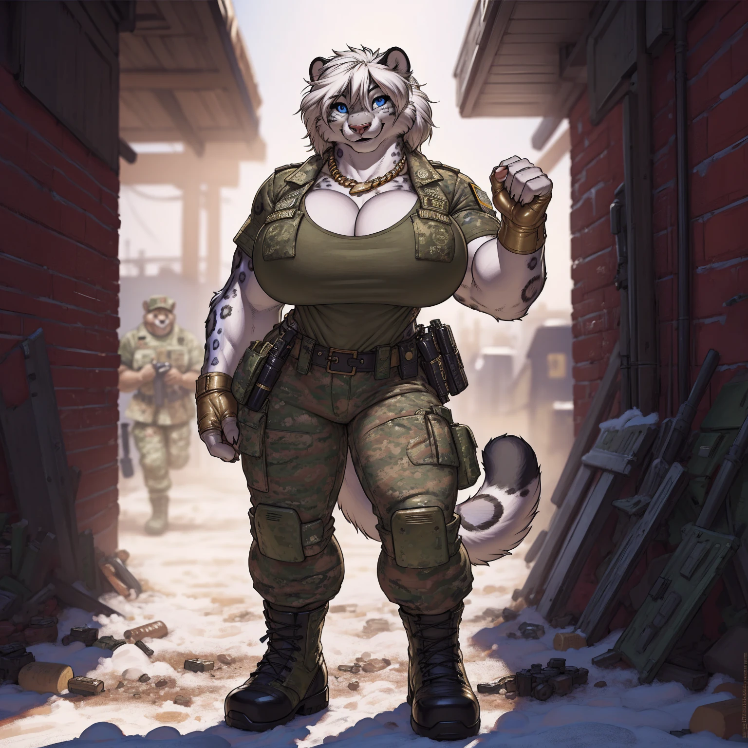 solo, 1girl, snow leopard, white hair, blue eyes, female, buff, muscular, huge breasts, gold eyes, highly detailed eyes, Amazon, wearing camouflage_uniform, (urban uniform:1.2), military camp, rolled sleeves, shirt, trousers, cleavage, standing upright, combat boots, full body, smiling, friendly, looking at viewer, realistic lighting, by darkgem, by meesh, by gideon,