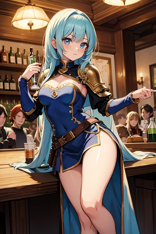 Highest quality, Official Art, masterpiece, Fabric Shading, High resolution, Very detailed, colorful, Best details, Fantasy, A group of female adventurers set in a medieval Fantasy world, (Sexy in the pub), Random Hairstyles, Harem, night, detailed aspects, Short mini skirt, Seduce, armor, Showing race&#39;s panties, Medium chest, Big Ass, skinny,Pull up her skirt,