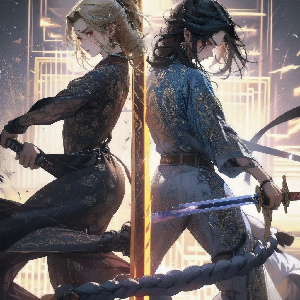 2Boy, Masterpiece, smooth, two skilled warriors fighting with swords, void-like white background, one had black hair and holding a white sword, engraved patterns, glowing elements, curved ornate sword, other had a blonde hair and red eyes, Rudra, determined expression, the other warrior's back facing the viewer, sleek futuristic combat attire, high-tech elements, dual-edged energy sword, agile movements, tactical evasion, soft ambient lighting, intense and dynamic duel.