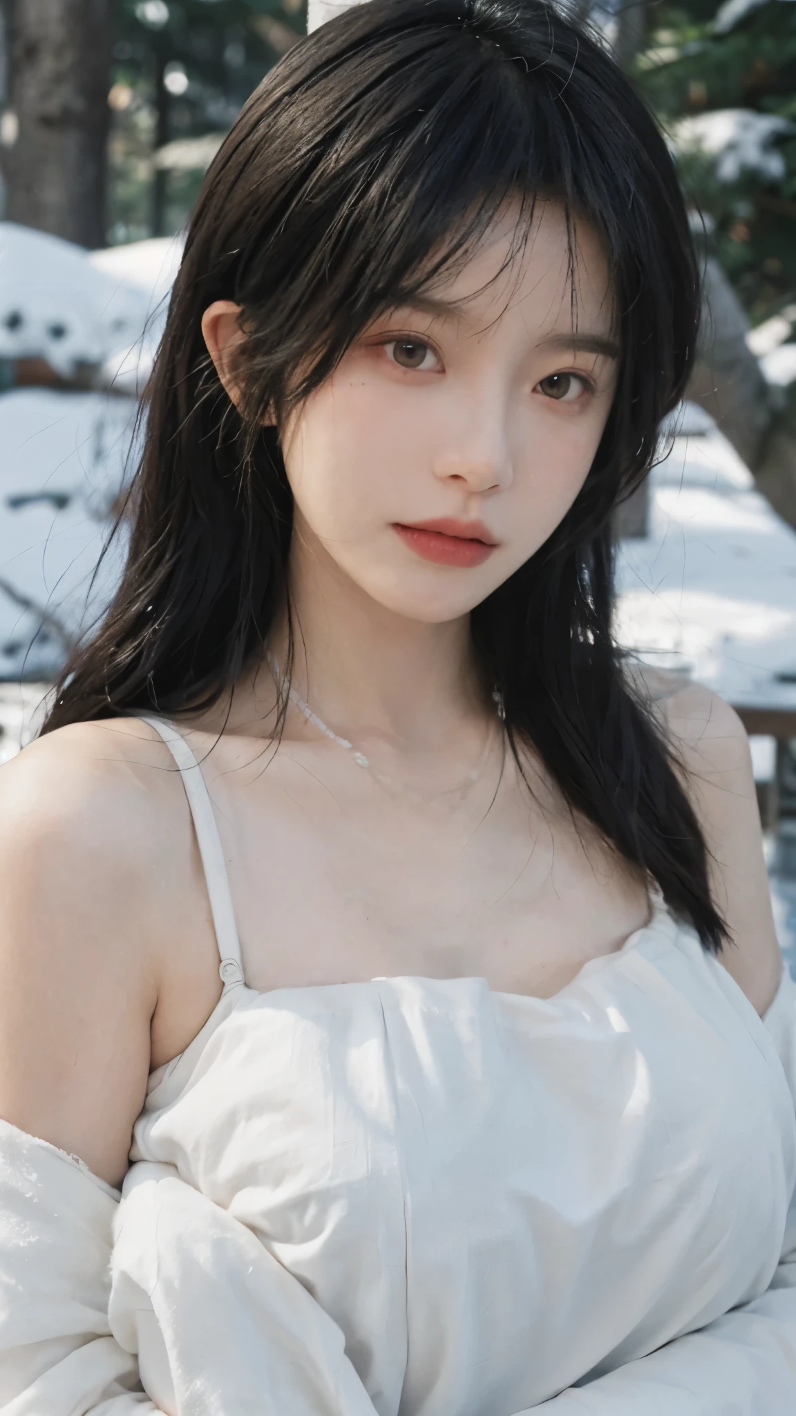 Portrait photography,1 girl,Snow Scene,Snowing background,Flowers,White JK,Bare shoulders,Lipstick,(Big Breasts:1.6),Shoulder-Length Wavy Hair,Wear a necklace,Headband,serene,calm,(Realistic and detailed eyes,Natural skin texture,Realistic facial details),