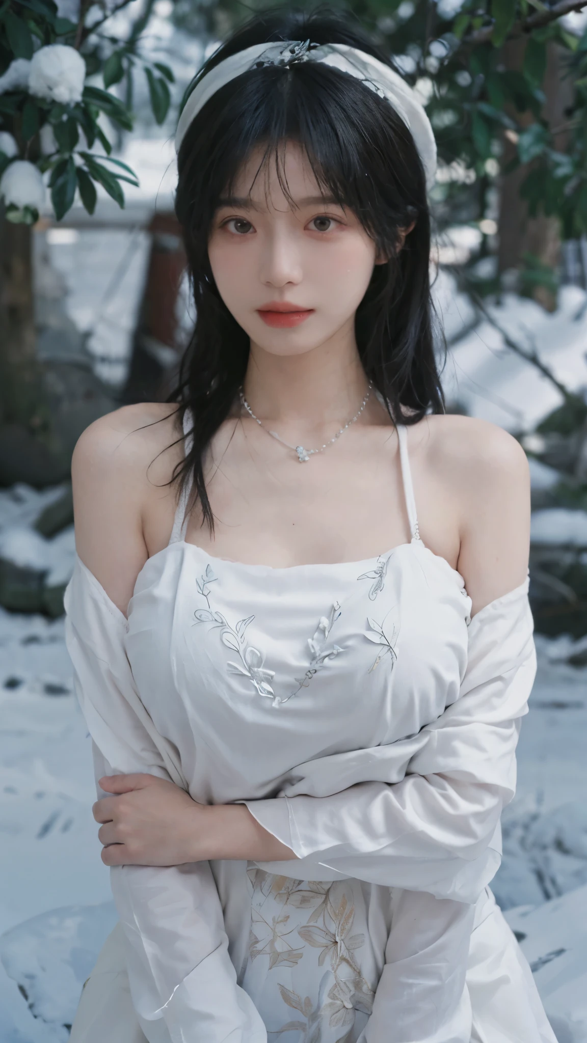 Portrait photography,1 girl,Snow Scene,Snowing background,Flowers,White JK,Bare shoulders,Lipstick,(Big Breasts:1.6),Shoulder-Length Wavy Hair,Wear a necklace,Headband,serene,calm,(Realistic and detailed eyes,Natural skin texture,Realistic facial details),