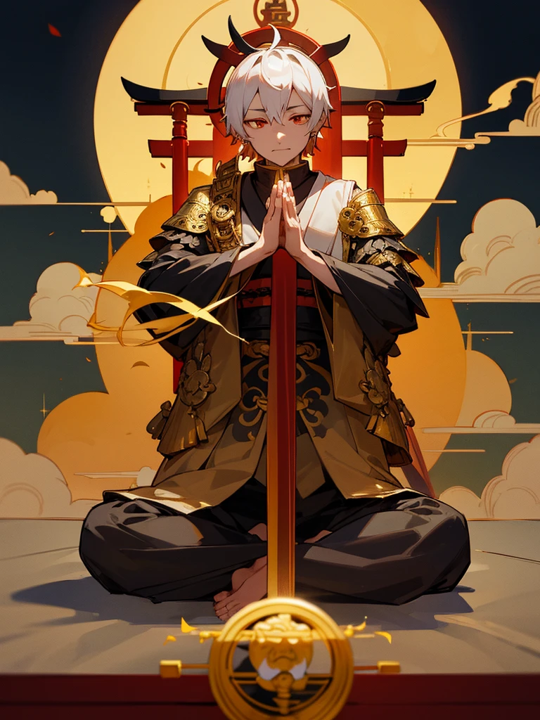 Buddha, evil eye, horn, white short hair, black armor, torii gate, man, full moon, prayer hands, golden lion, zazen