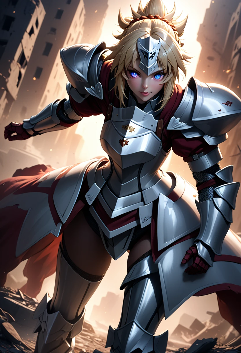 (masterpiece, top quality, best quality, beautiful and aesthetic:1.2), full body, SFW, extremely detailed, detailed eyes, detailed hands, cinematic light, depth of field, 1girl, seducing smile, solo, official, (armored knight:1.4), mordred from fate, slim body, cinematic lighting, dramatic lighting, dramatic atmosphere, hyper-realistic, high resolution, stunning contrast, high quality, best quality, 8k, 4k, intricately detailed, (amazing details:1.2), highly detailed skin, powerful presence, vibrant colors, (detailed eyes:1.2), striking eyes, (detailed background), (warzone on background, night, ruins), (dynamic angle:1.2), (dynamic pose:1.2)