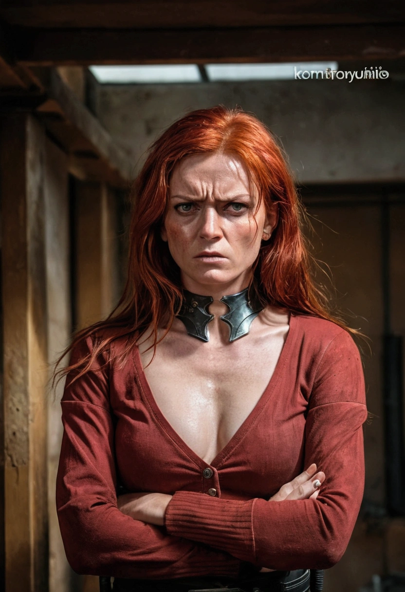a military commander with short red hair, sweaty skin, angry expression, leather outfit
