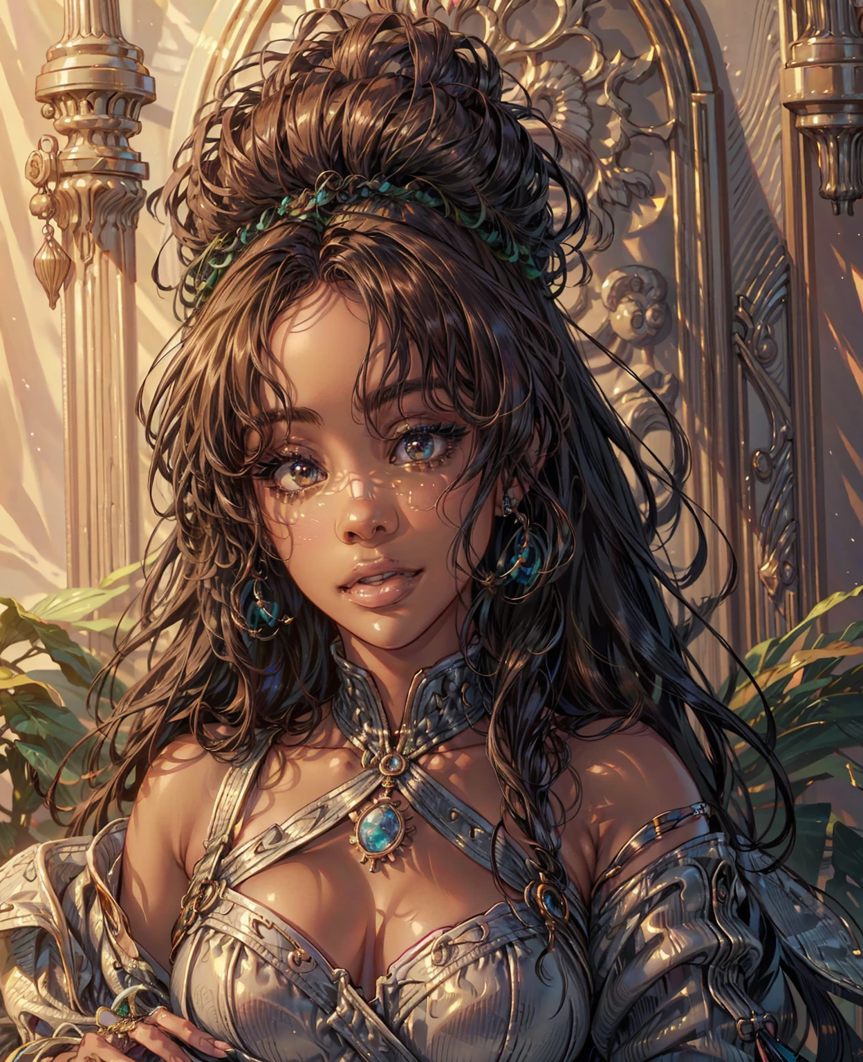 a beautiful black woman, SZA, 1girl, close-up portrait, detailed face, large brown eyes, long eyelashes, full lips, perfect skin, serene expression, natural hair, (best quality,8k,highres,masterpiece:1.2),ultra-detailed,(realistic,photorealistic,photo-realistic:1.37),dramatic lighting, cinematic shot, warm color tones, glowing skin, intricate details