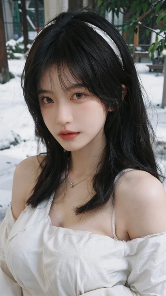 Portrait photography,1 girl,Snow Scene,Snowing background,Flowers,White JK,Bare shoulders,Lipstick,(Big Breasts:1.6),Shoulder-Length Wavy Hair,Wear a necklace,Headband,serene,calm,(Realistic and detailed eyes,Natural skin texture,Realistic facial details),
