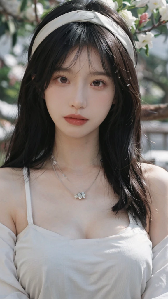 Portrait photography，1 girl，Snow Scene，Snowing background，Flowers，White JK，Bare shoulders，Lipstick，(Big Breasts:1.6)，Shoulder-Length Wavy Hair，Wear a necklace，Headband，serene，calm，(Realistic and detailed eyes，Natural skin texture，Realistic facial details)，
