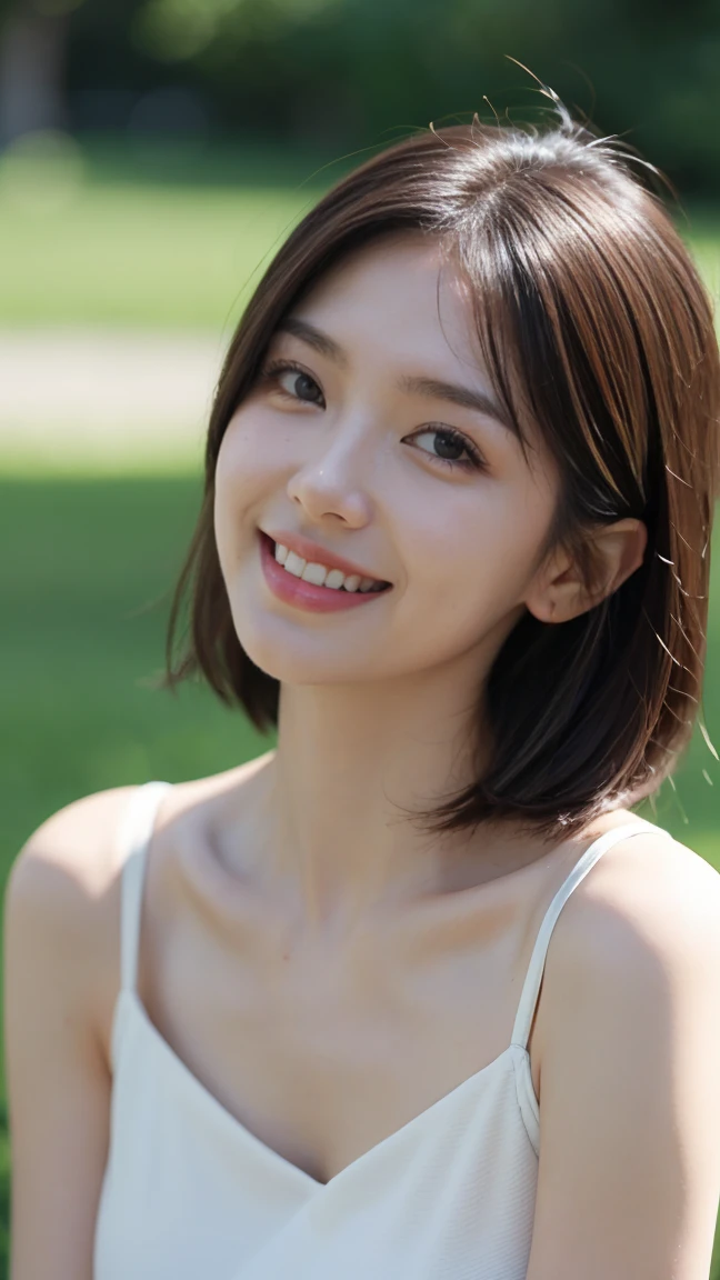 Highest quality，８ｋ，Brown Hair，Shoulder-length bob，clear系美女，ｃcup，smile，Shiny skin，Feminine clothing，Shown in full-body photo，Looking up，Strong sunlight, bright, She is smiling gently with the corners of her mouth turned up,Realistic skin texture，double eyelid，Japanese，Eye color is dark brown，The background is beautiful，a sunny day，clear，19～２２age，Photorealistic，Looks energetic，giggle，Super detailed，Ultra-high resolution,cute,Bangs in the middle,