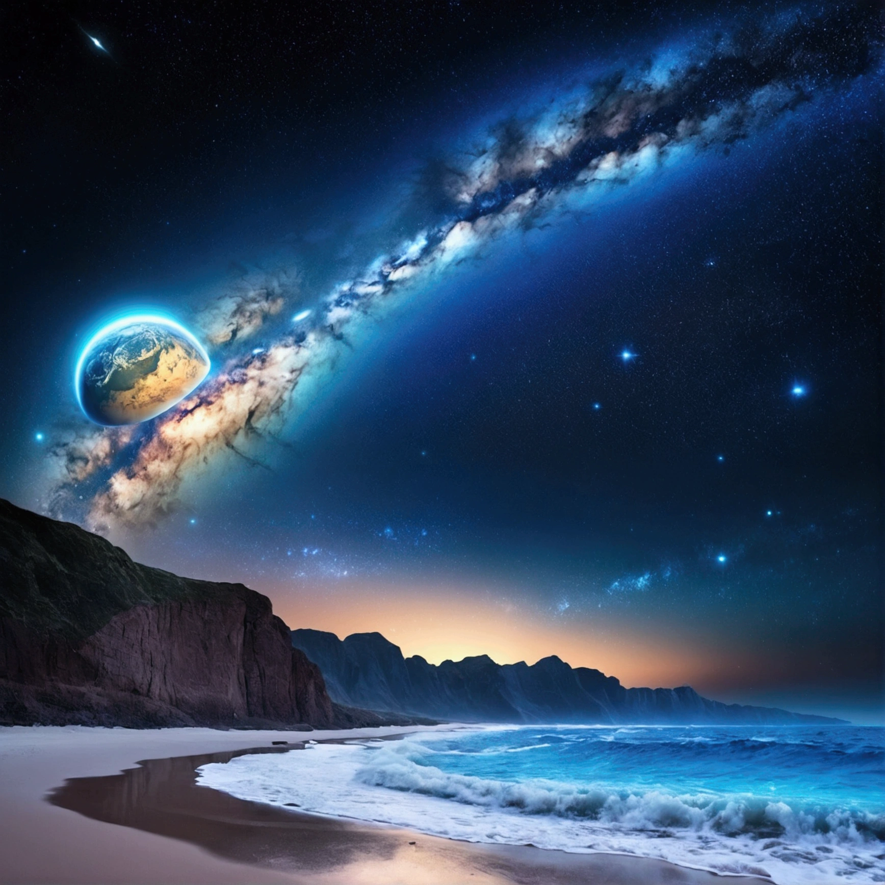 huge planet, the night, starry sky, surrealism, Mesa, high resolution、Impressive Milky Way:1.9、sandy beach、Vast blue ocean、Blue glacier、ray:1.9、Protoplanetas