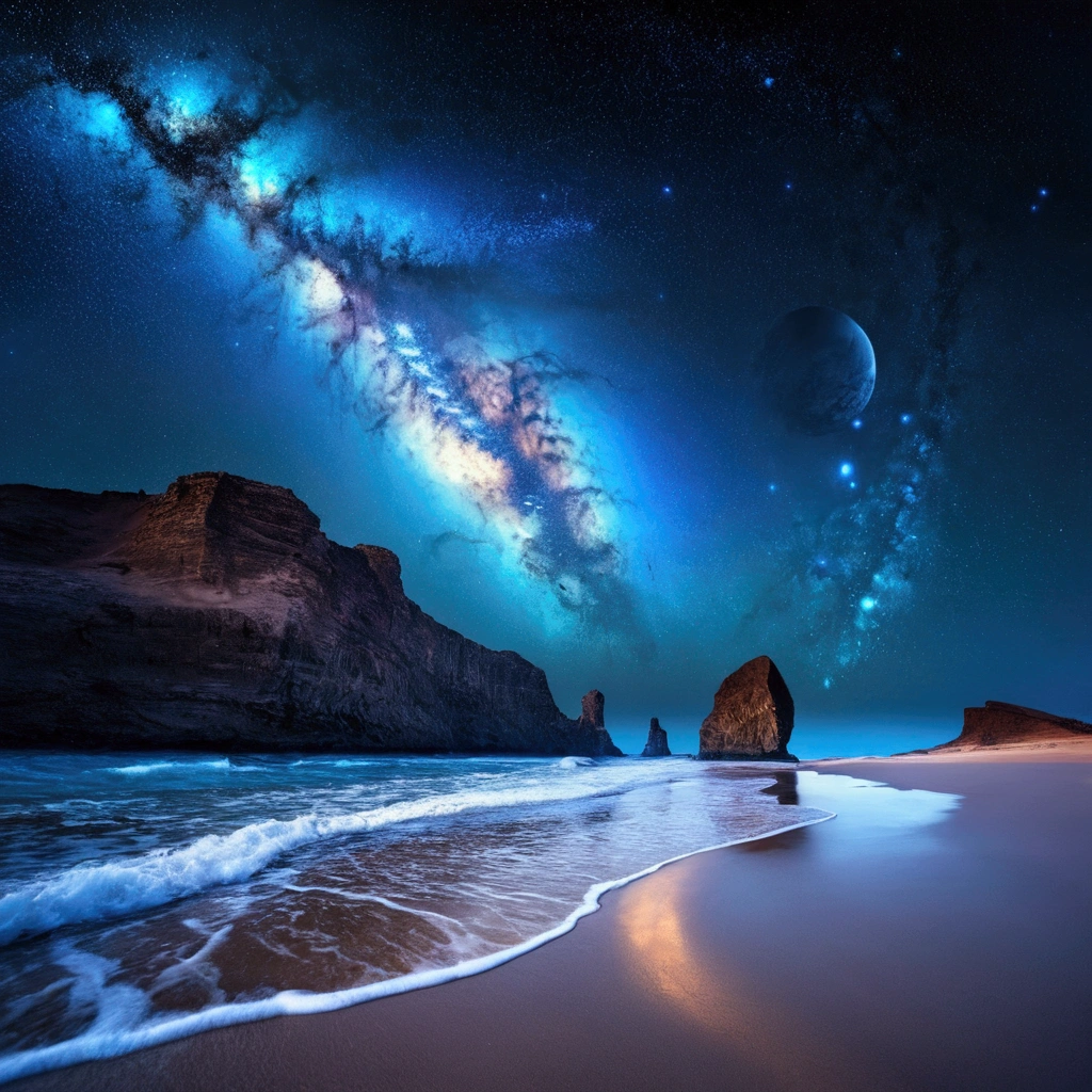 huge planet, the night, starry sky, surrealism, Mesa, high resolution、Impressive Milky Way:1.9、sandy beach、Vast blue ocean、Blue glacier、ray:1.9、Protoplanetas